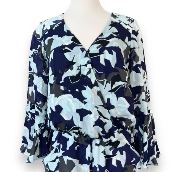 Parker Belize Print Romper 100% Silk Bell Sleeve Wrap Front V-Neck Vented Back